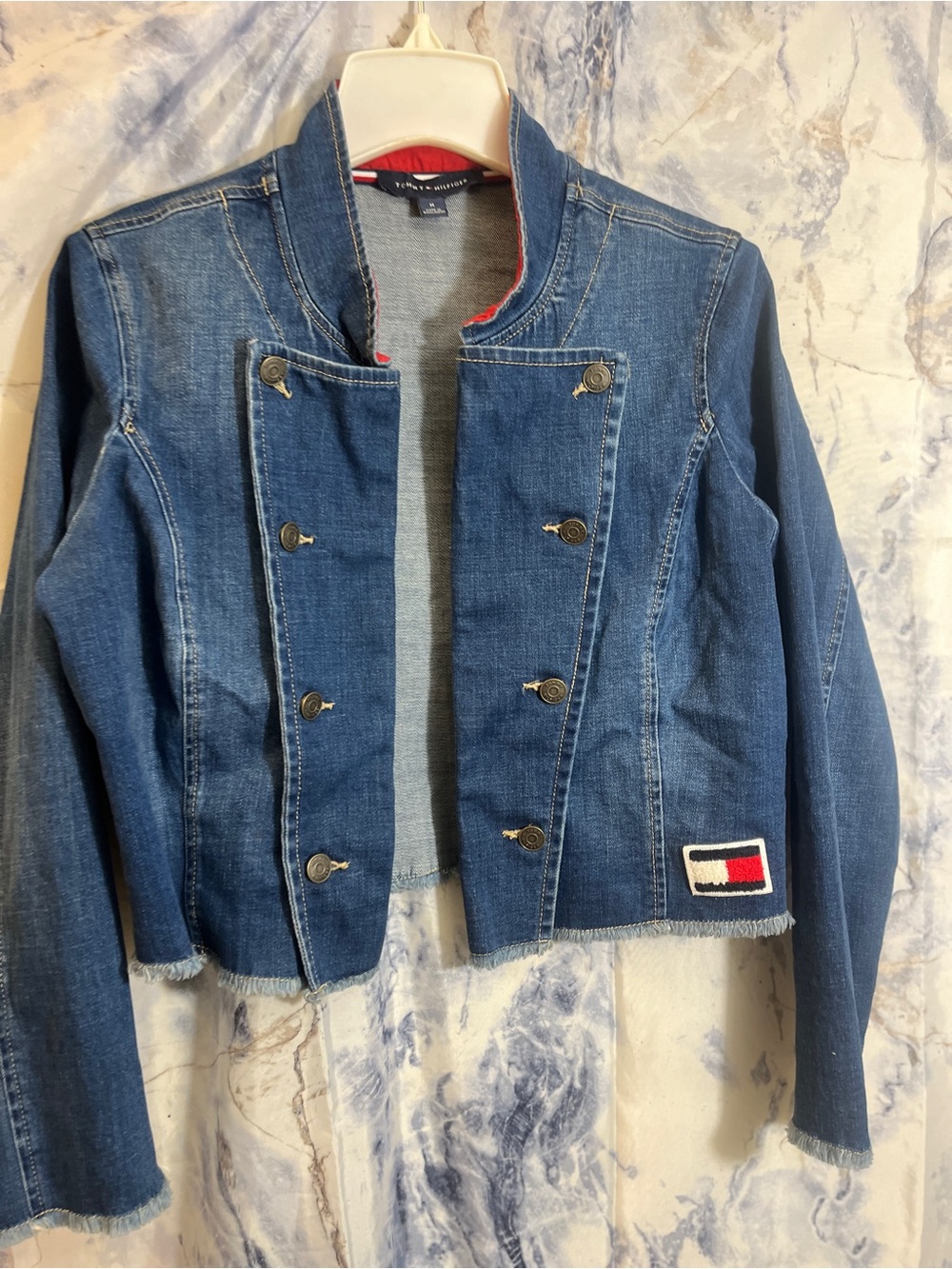 Tommy Hilfiger Denim Military-Style Cropped Jacket in Blue with Red Trim - Picture 3 of 5
